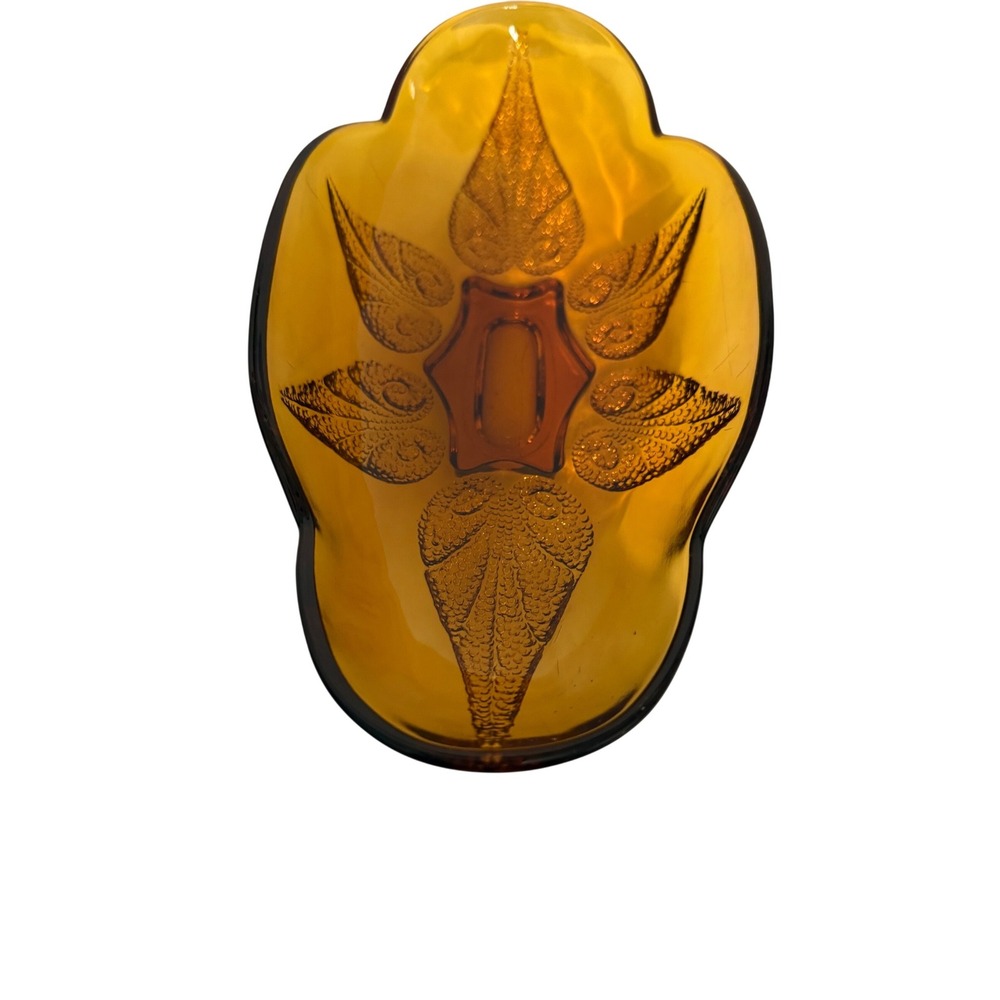 Vintage Amber Glass Oval Bowl Embossed Leaf Textured Beaded Mid Century Modern